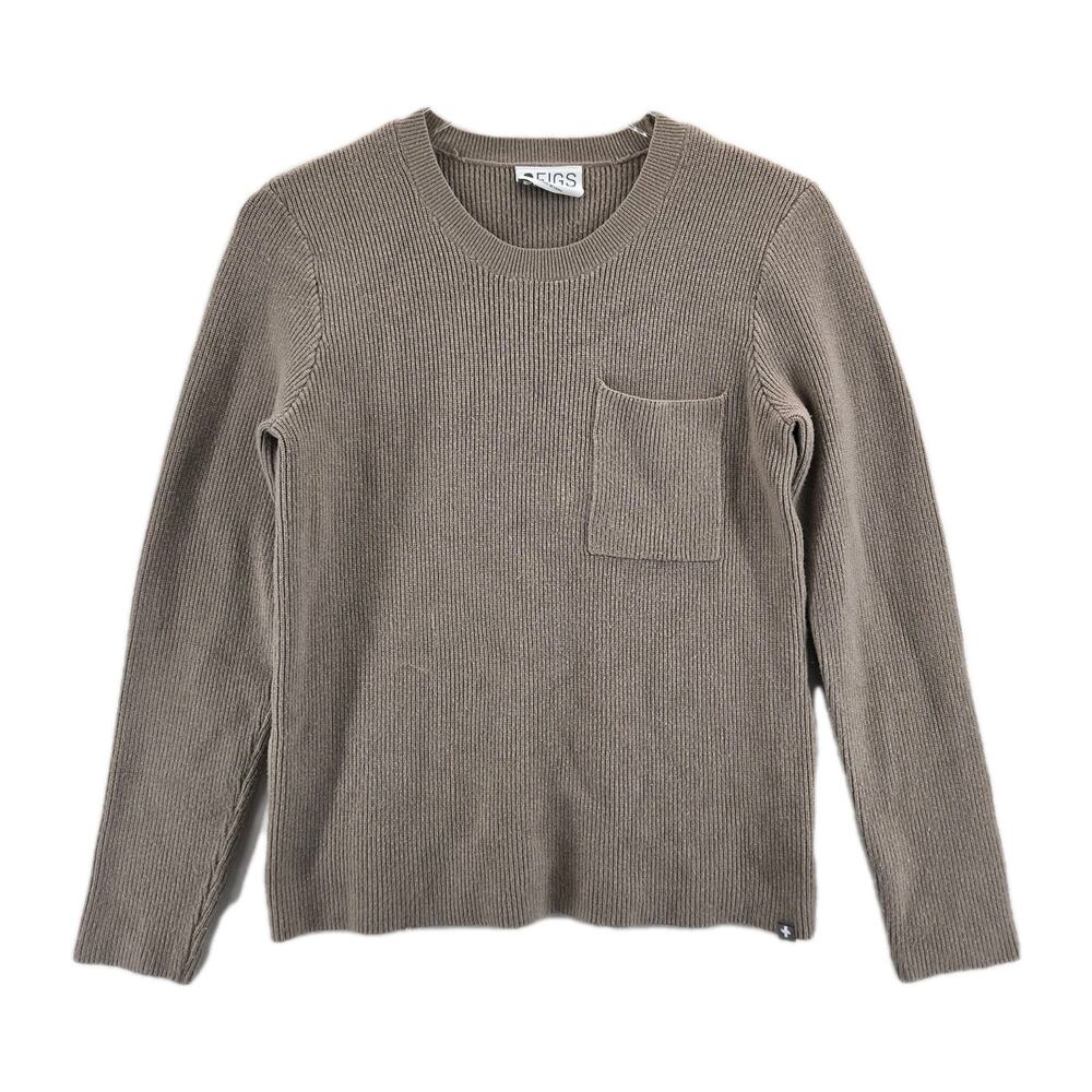 Figs Sweater Womens Small Tan Brown Ribbed Knit Crew Neck Long Sleeve Logo